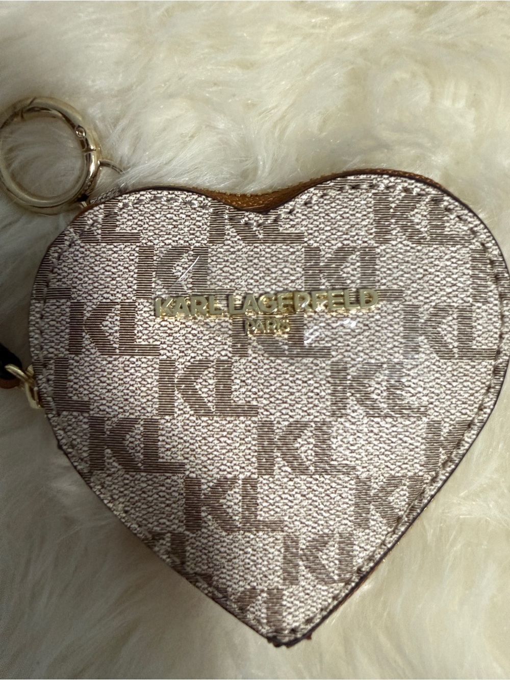 ‼️SOLD ‼️Karl Lagerfeld Beige & Brown Heart Monogram Key Coin Pouch - Picture 2 of 5
